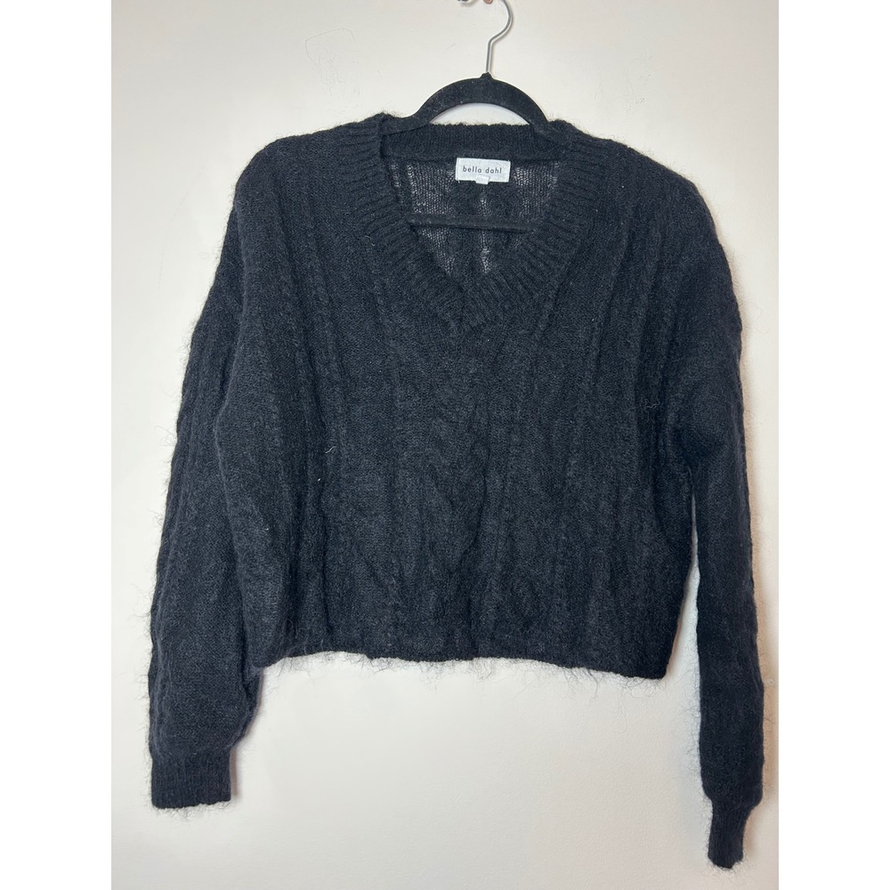 Bella Dahl Black V Neck‎ Cable Knit Fuzzy Cropped Sweater Womens Size S